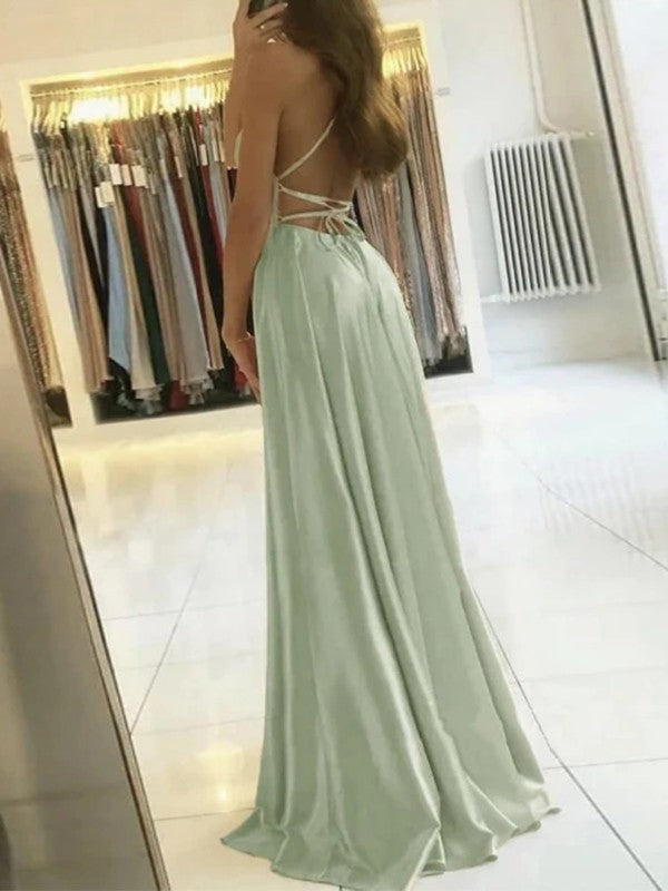 Vestidos de satén con volantes, tirantes finos, sin mangas y cola larga